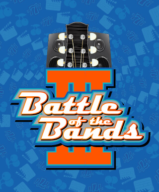 The words "Battle of the Bands III" overtop a guitar fret on a blue background with icons swirling on it.