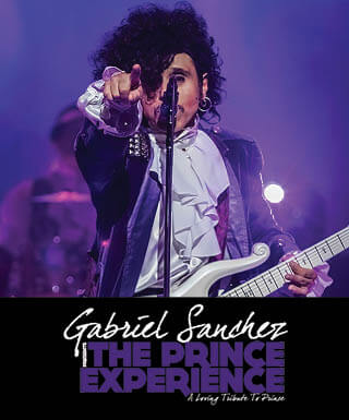 Picture of Gabriel Sanchez performing as musician Prince with the words "The Prince Experience" in purple on a black background.
